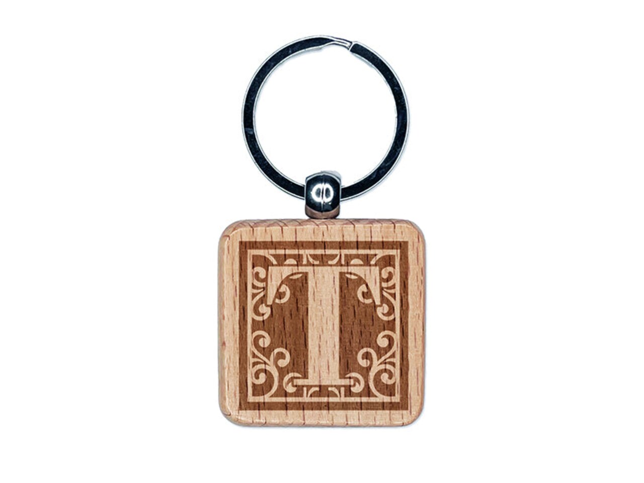 Monogram Swirls Capital Letter T Engraved Wood Square Keychain Tag Charm